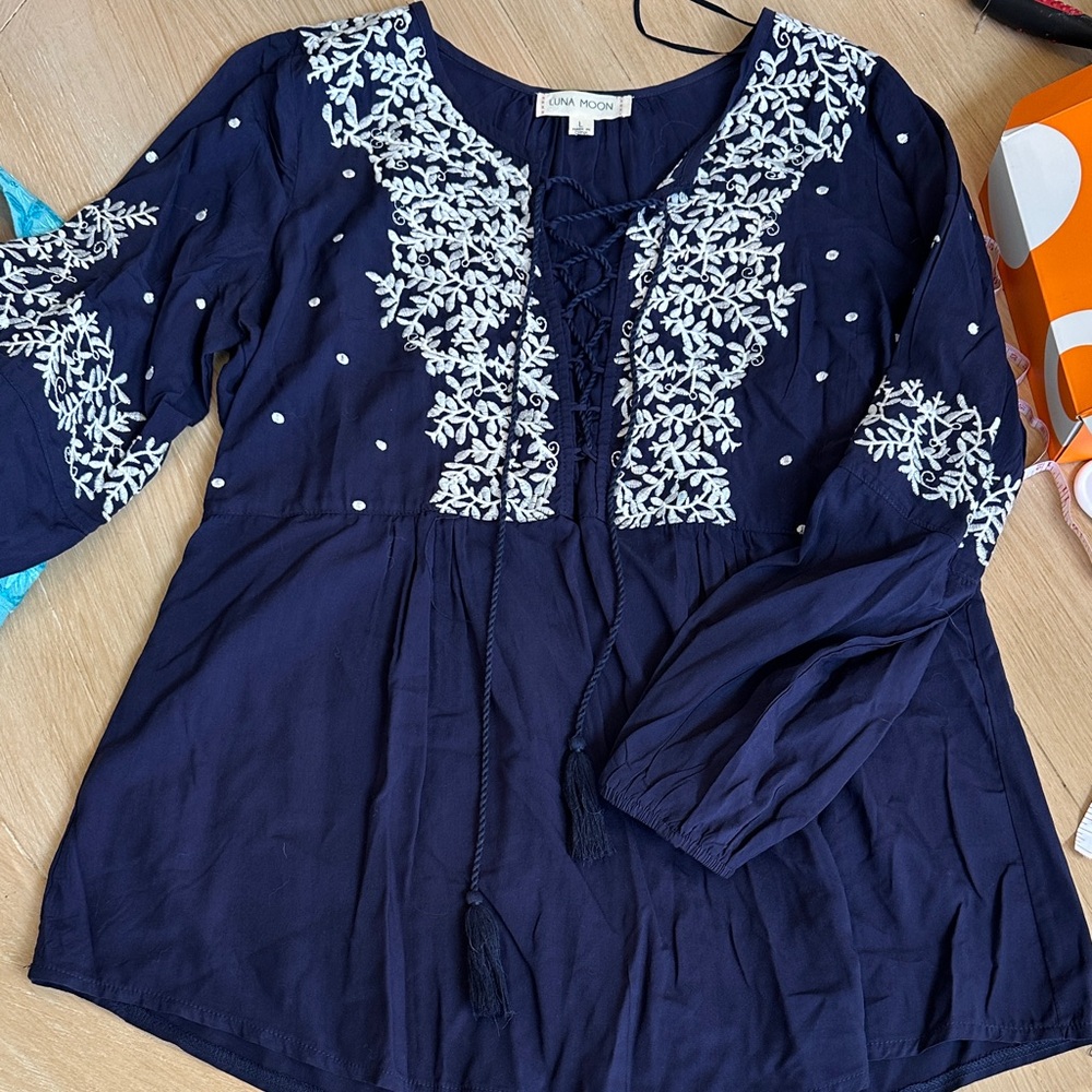 Luna Moon Midnight Blue Floral Blouse
